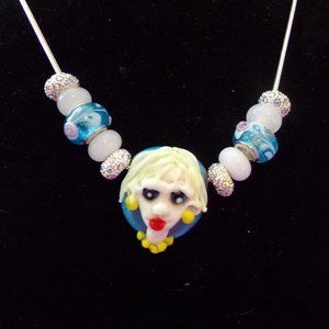 Handblown Glass Face Pendant with Decorative Beads on 18" or 22" Snake Chain